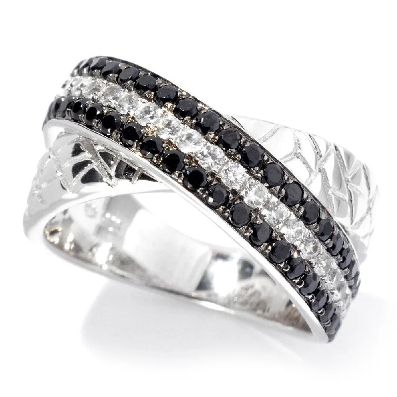 Celtic twist ring-Platinum over Sterling Silver Black Spinel and White Zircon Animal Print Textured Band Ring