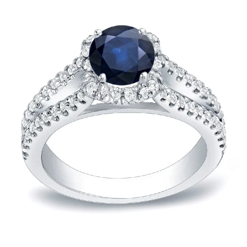 Soft check ring-Platinum Round 3/4ct Sapphire and 1/2ct TDW Diamond Halo Engagement Ring by Auriya