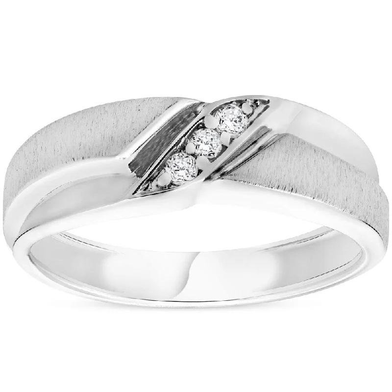 Tarragon leaf ring-Pompeii3 10k White Gold 1/10 ct TDW Diamond Three Stone Mens Ring High Brushed Countour Wedding Band