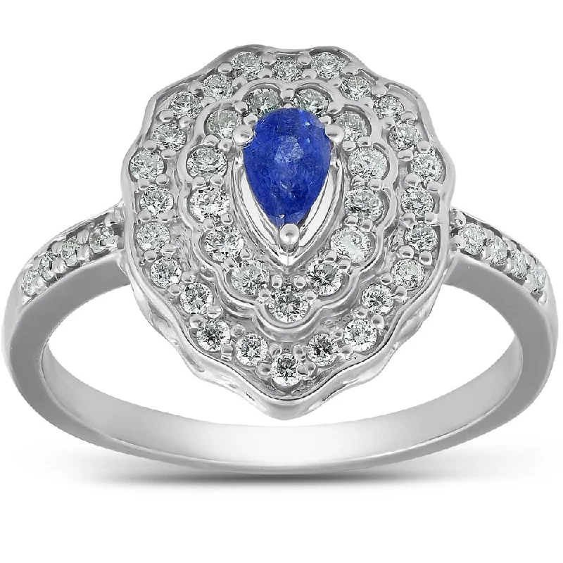 Plaid weave ring-Pompeii3 10k White Gold 3/4 Ct TDW Genuine Blue Sapphire Pear Shape Halo Vintage Ring