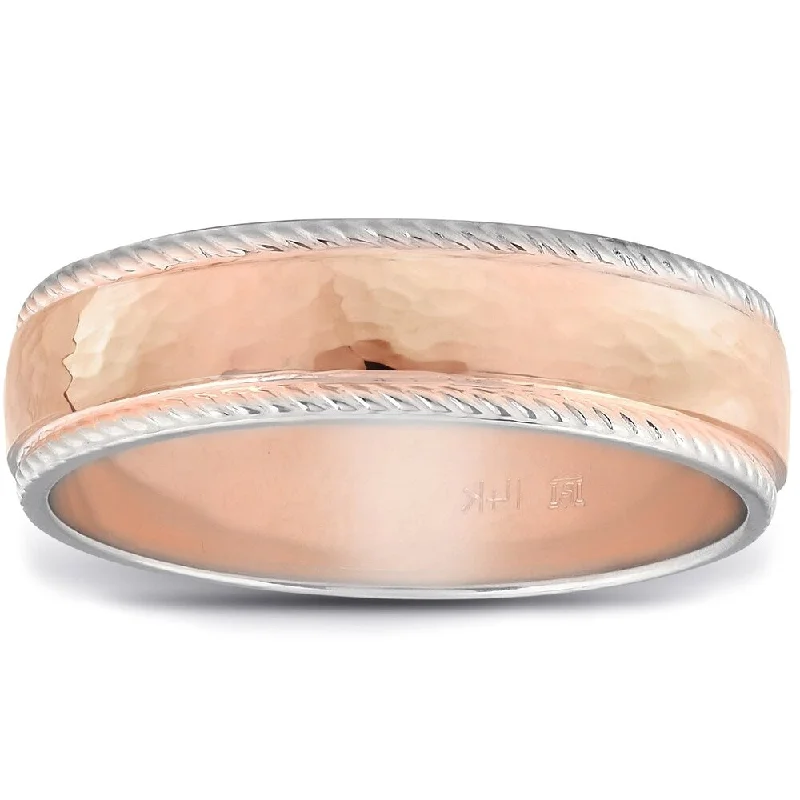 Summit ridge ring-Pompeii3 14k Rose & White Gold Two Tone Mens High Polished Hammered Wedding Band