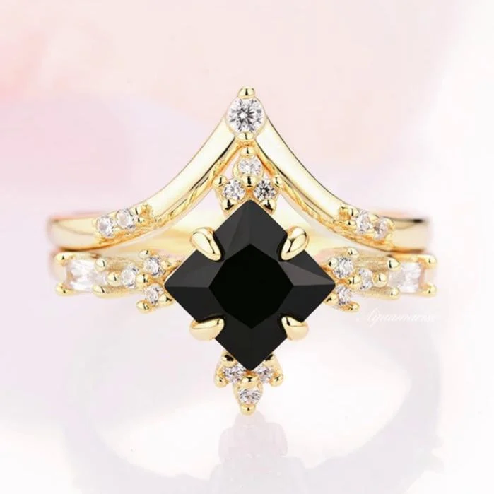 Smooth edge ring-Princess Cut Black Onyx Engagement Ring Set- 14K/18K Solid Yellow Gold