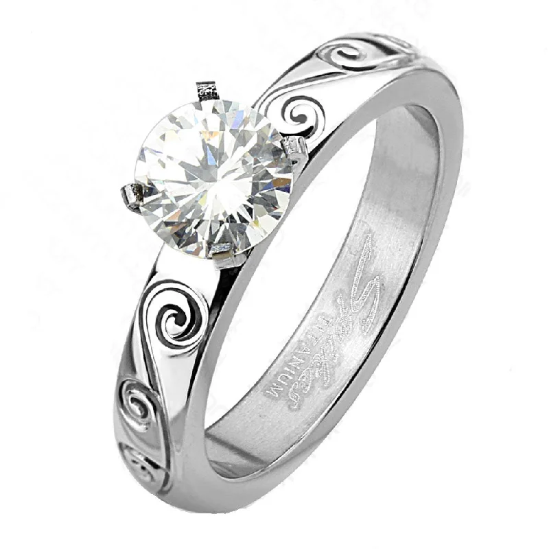 Folk artisan ring-Rahima: IOF CZ Filigree Engraved Classic Engagement Ring Titanium