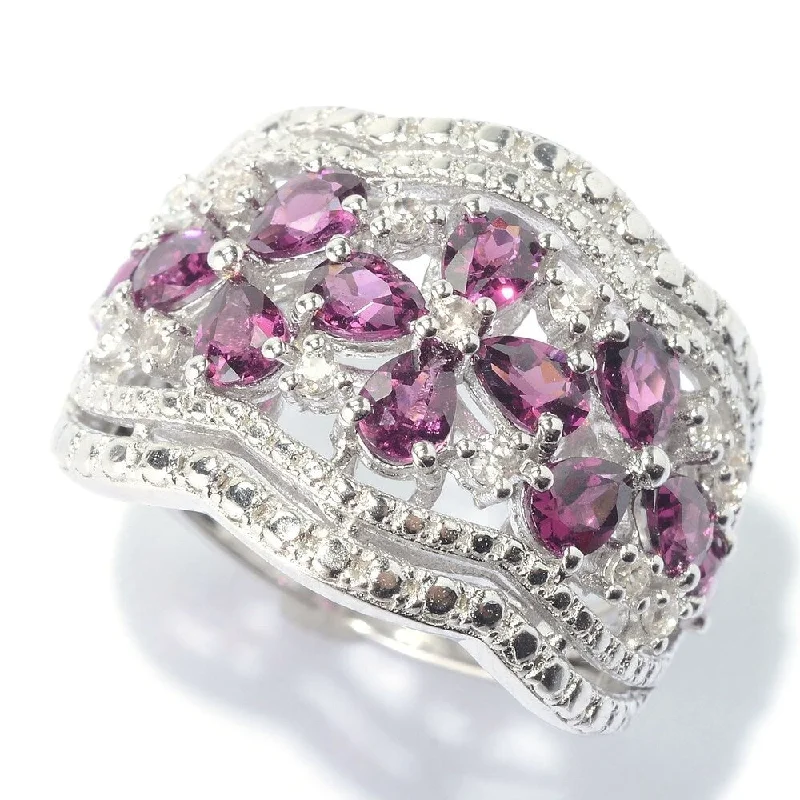 Gritty grain ring-Rhodolite & White Zircon Floral Scalloped Wide Band Ring