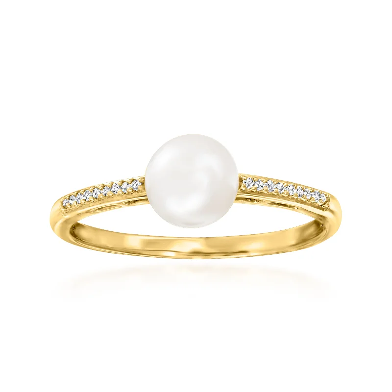 Textured ridge ring-Ross-Simons 6mm Cultured Pearl Ring With Diamond Accents in 14kt Yellow Gold