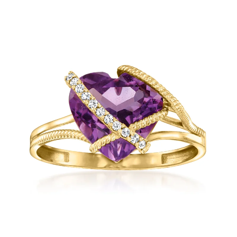 Lily cluster ring-Ross-Simons Amethyst Heart Ring With Diamond Accents in 14kt Yellow Gold