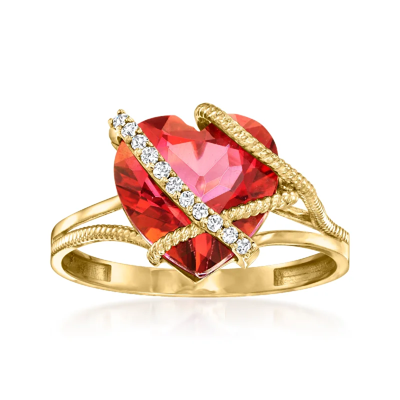 Eighteen-stone ring-Ross-Simons Pink Topaz Heart Ring With Diamond Accents in 14kt Yellow Gold