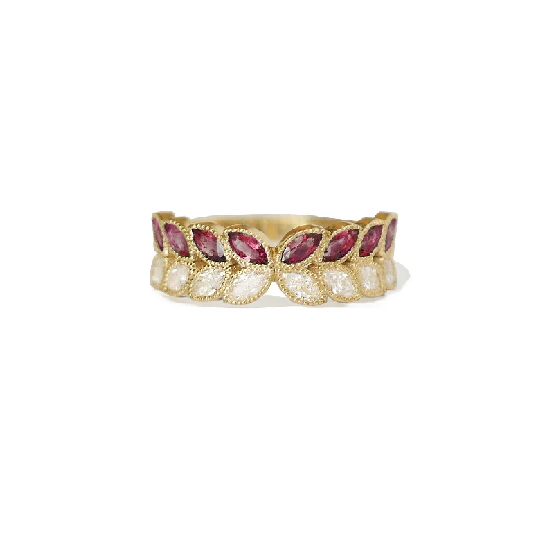 Edwardian bend ring-Marquise Ruby & Diamond Leaf Band Ring