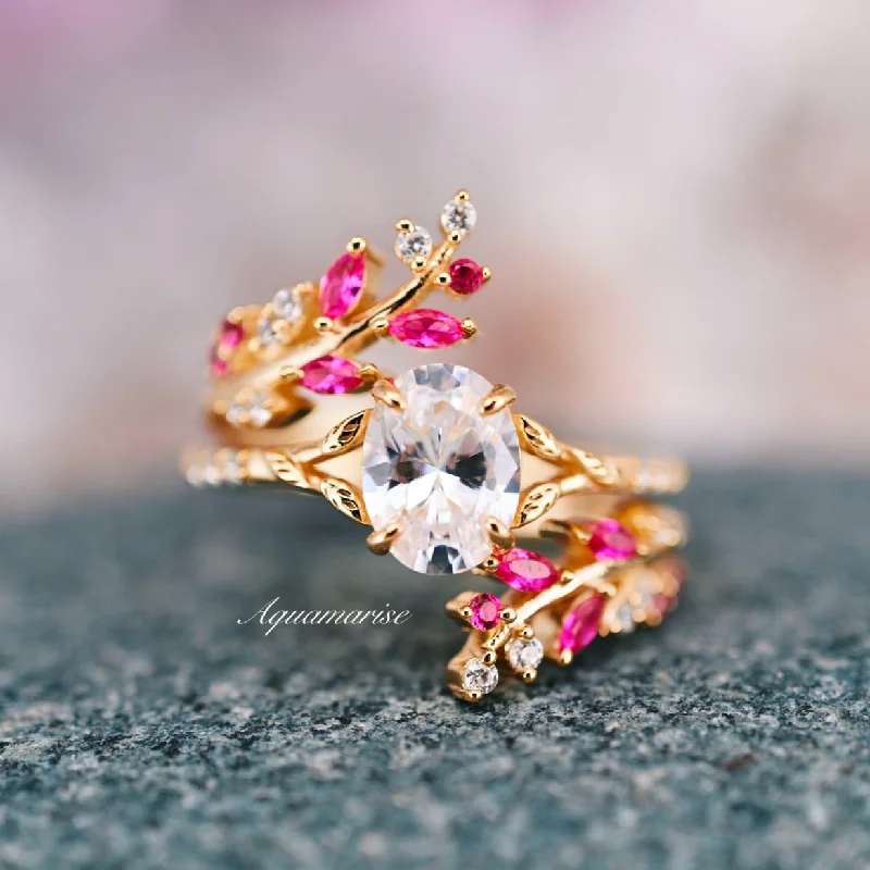 Quartz fleck ring-Ruby & Moissanite/Diamond Leaf Engagement Ring Set- 14K Solid Yellow Gold