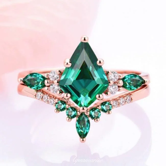 Rose flower ring-Skye Kite™  Emerald Engagement Ring Set- 14K Solid Rose Gold