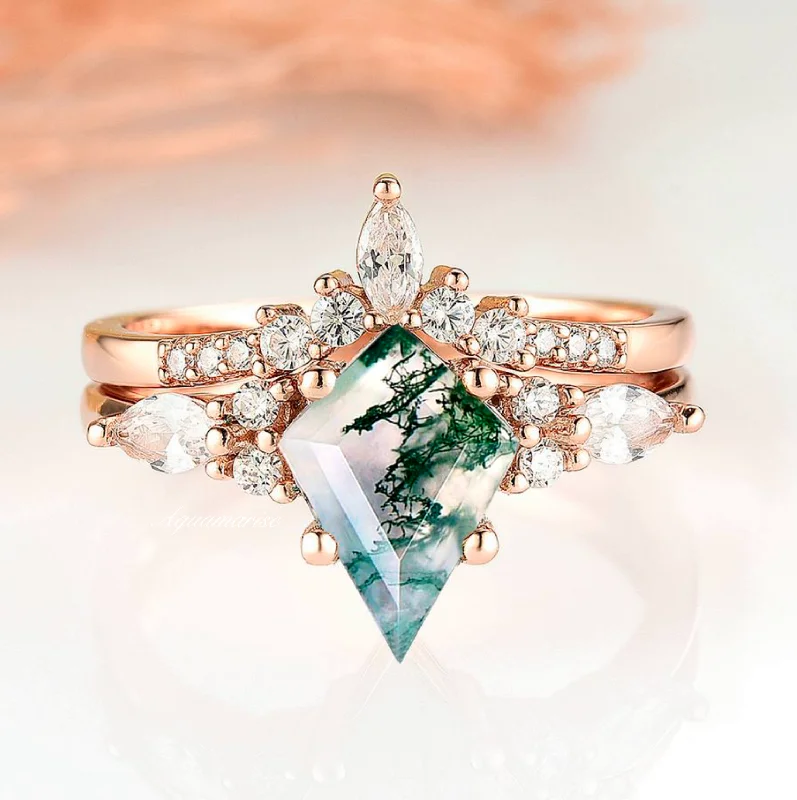 Steel band ring-Skye Kite™  Green Moss Agate Engagement Ring Set- 14K Solid Rose Gold