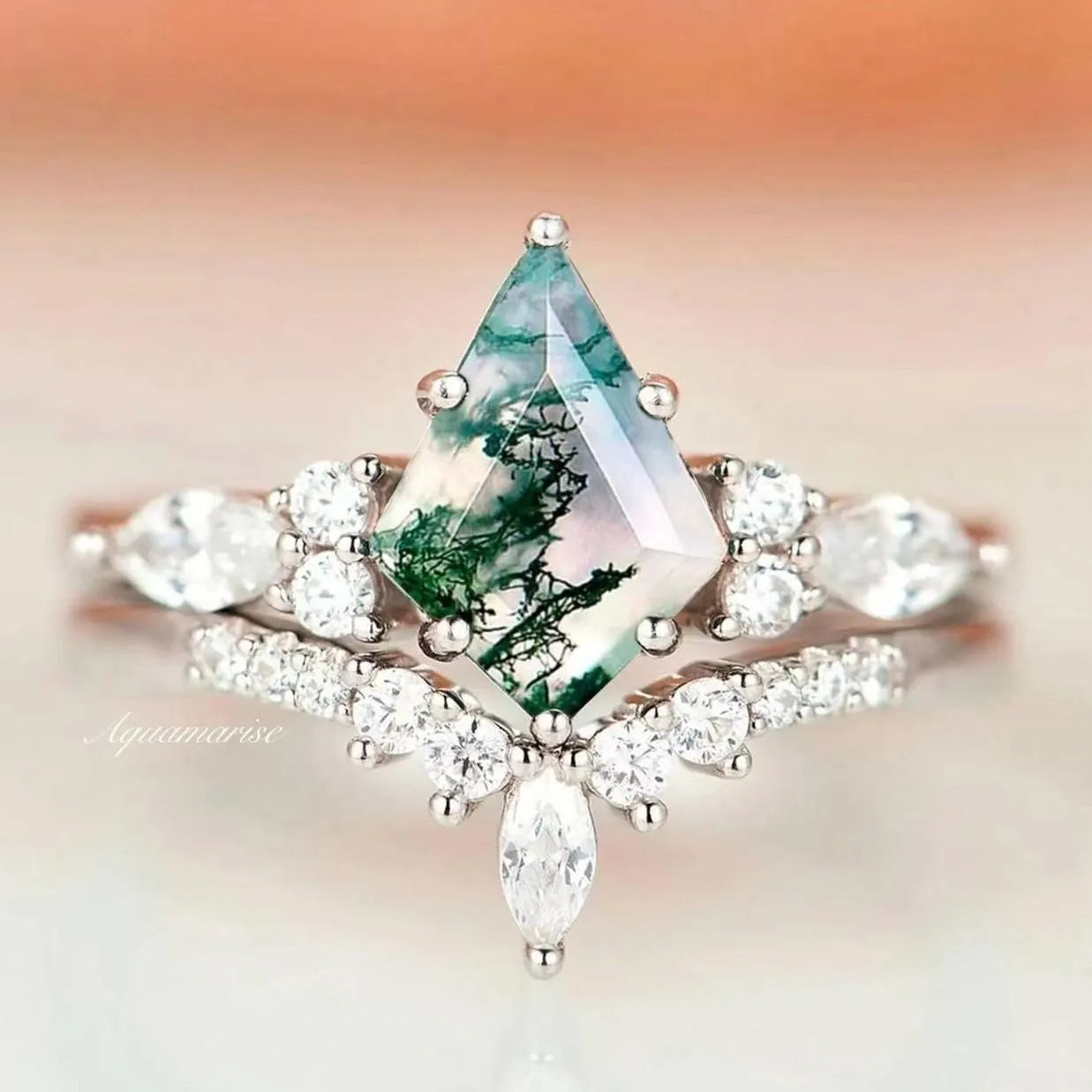 Silk band ring-Skye Kite™  Green Moss Agate Engagement Ring Set- 14K White Gold