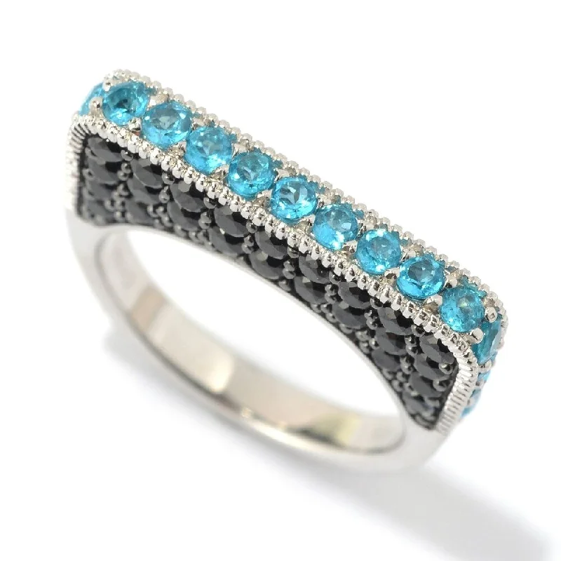 Twisted metal ring-SS/ 2.7ctw Neon Apatite & Black Spinel Flat Top Stack Band Ring