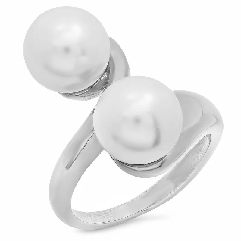 Birch wood ring-Ladies Stainless Steel Double Pearl Ring