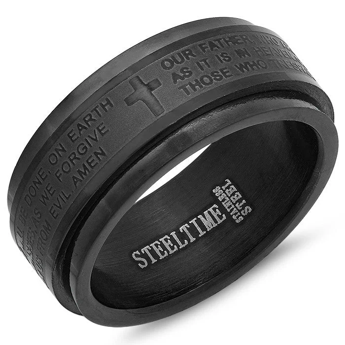 Sage twig ring-Stainless Steel Prayer Spinner Ring in Black "Our Father"