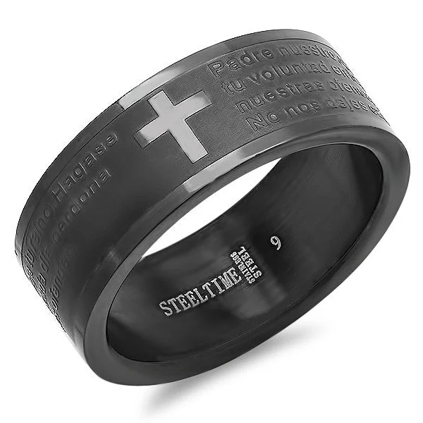 Reclaimed relic ring-Men's Black IP Stainless Steel Ring Black Oil With Cross Accent