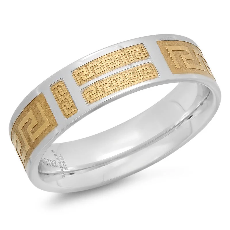 Onyx tip ring-Stainless Steel Ring with Gold Greek Design