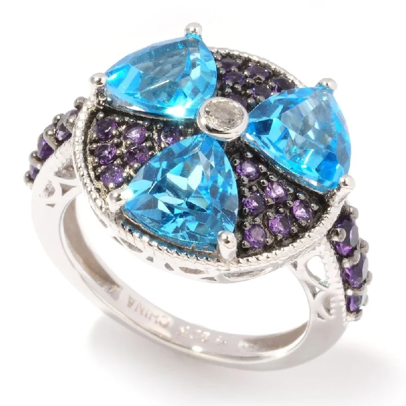 Spotted finish ring-Ster Silver Swiss Blue Topaz, African Amethyst Cluster Ring, Size 7