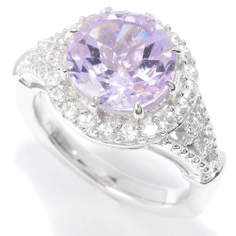 Etched wedding ring-Sterling Silver 10mm Round Pink Amethyst & White Zircon Halo Ring