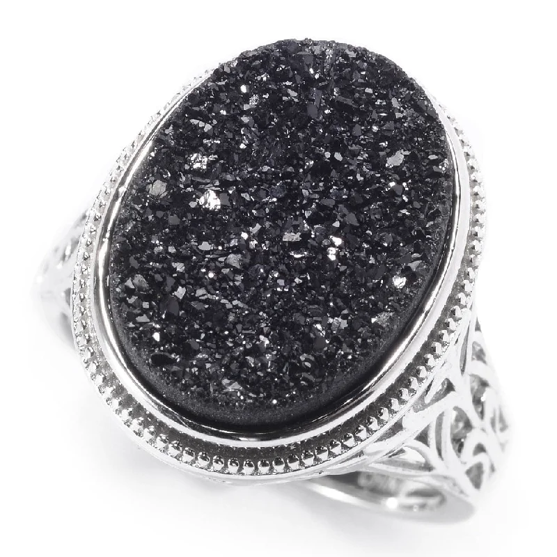 Oceanite jasper ring-Sterling Silver 16 x 12mm Oval Black Drusy Filigree Ring