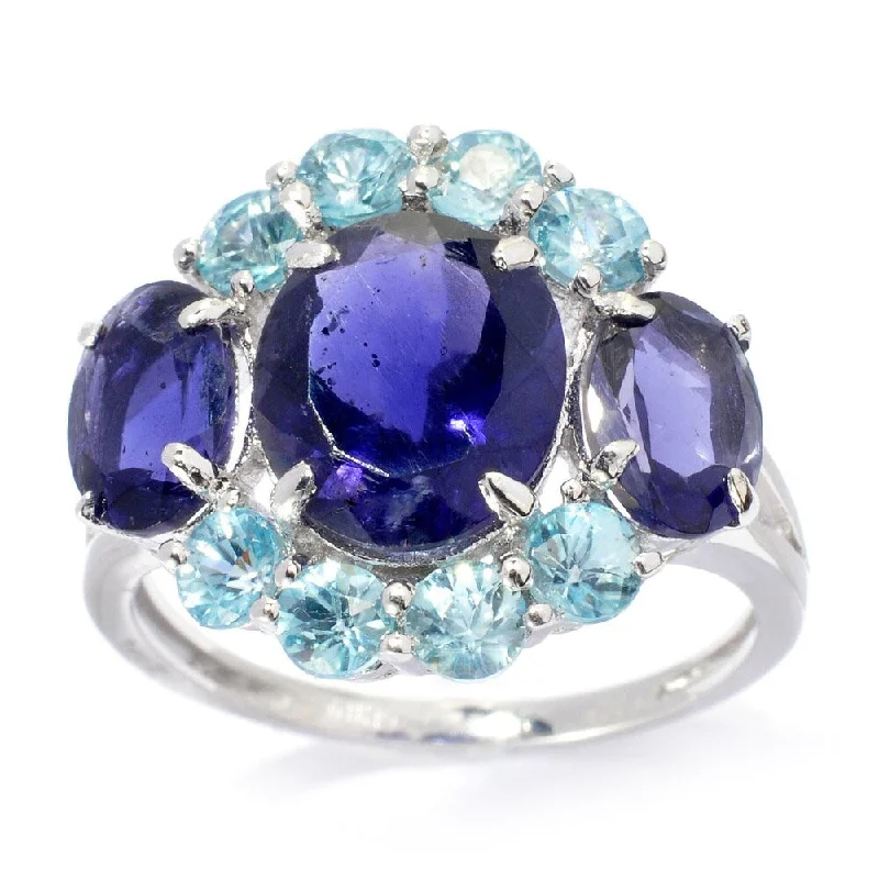 Striped band ring-Sterling Silver 4.92ctw Iolite & Aqua Zircon Three-Stone Ring