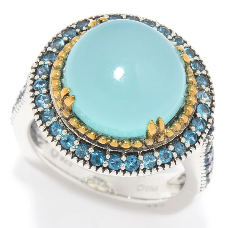 Daisy bloom ring-Sterling Silver 7.20ctw Aqua Chalcedony & London Blue Topaz Halo Ring