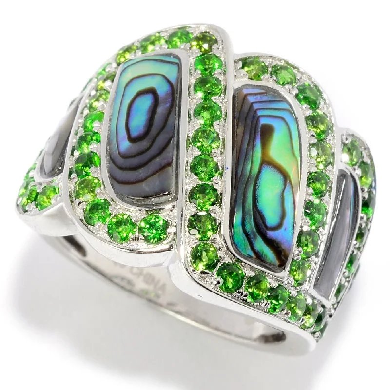 Briolette ruby ring-Sterling Silver Abalone & Chrome Diopside Wide Band Ring