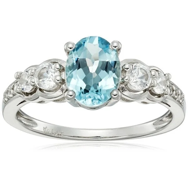 Cedar nut ring-Sterling Silver Aquamarine & Created White Sapphire Ring, Size 7 - Blue