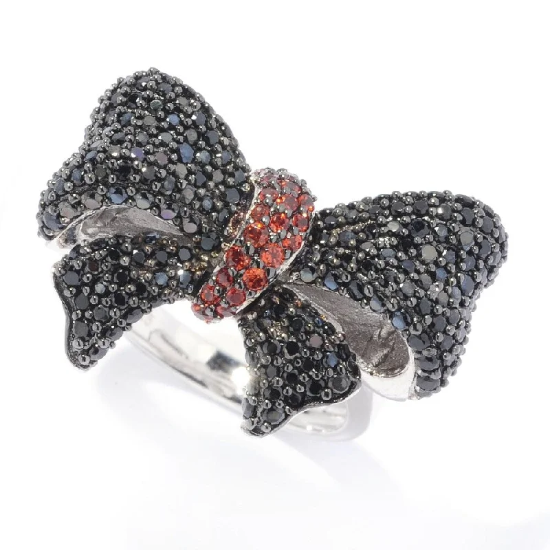 Gritty grain ring-Sterling Silver Black Spinel & Red Garnet Bow Ring