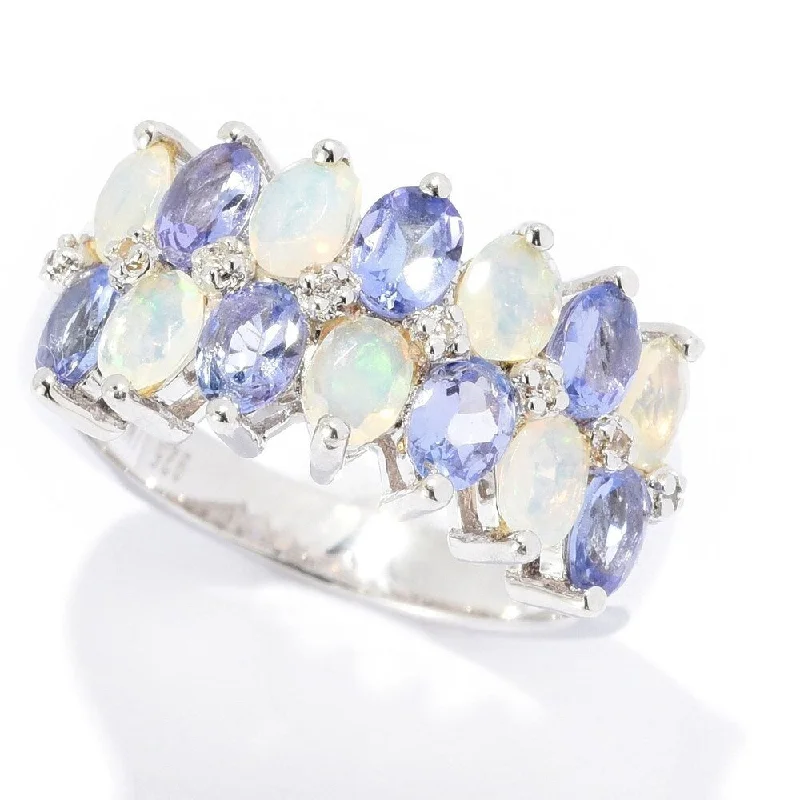 Fractured gem ring-Sterling Silver Ethiopian Opal, Tanzanite & White Zircon Band Ring