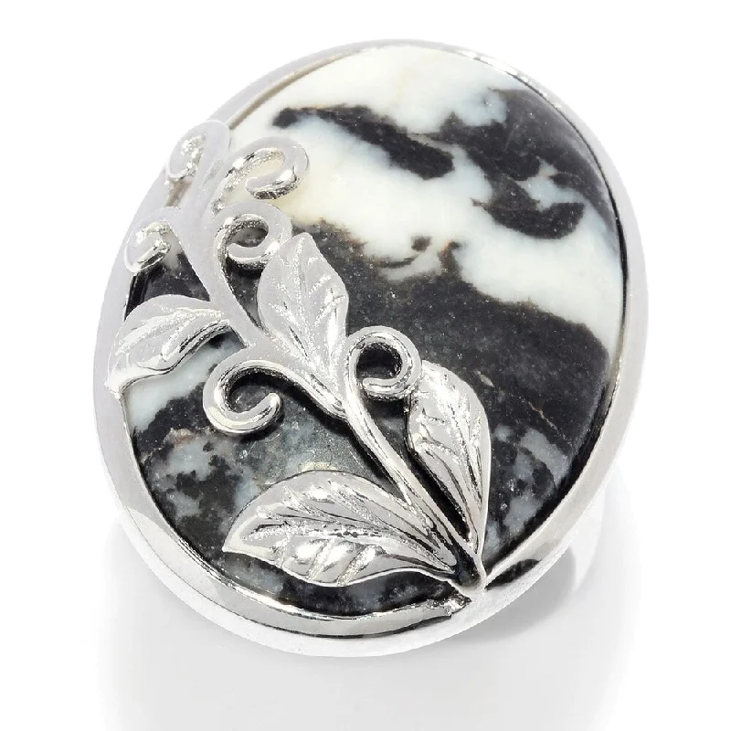 Willow twig ring-Sterling Silver Oval White Buffalo Calcite Quartz Leaf Overlay Ring