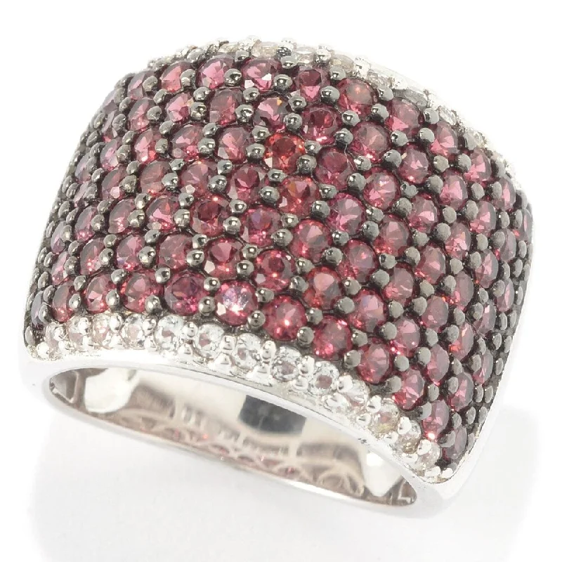 Narrow bezel ring-Sterling Silver Round Rhodolite and White Topaz Wide Band Ring