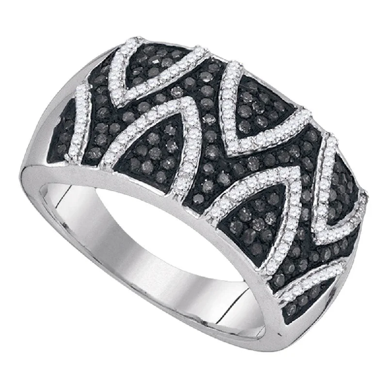 Fog bead ring-Sterling Silver Womens Round Black Color Enhanced Diamond Striped Band Ring 5/8 Cttw