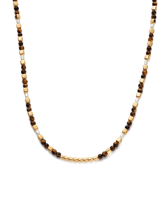 Blended texture necklace-TIGERS EYE BEADED NECKLACE (18K GOLD PLATED)