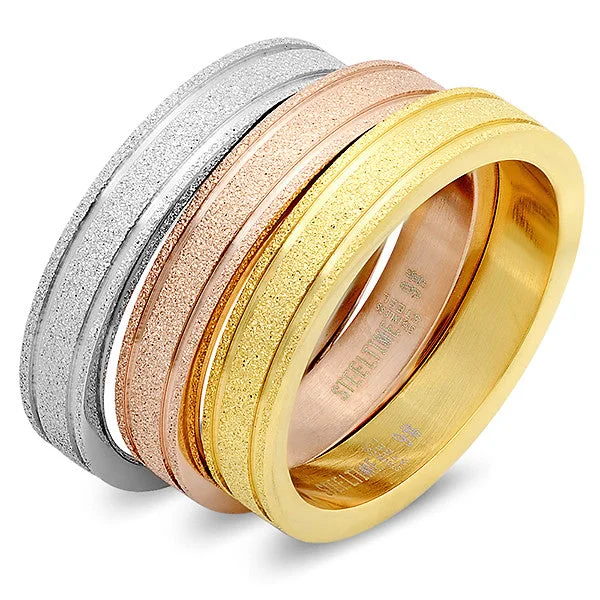 Sealed gem ring-Steeltime Tri Color Set Of Three Wedding Band Rings