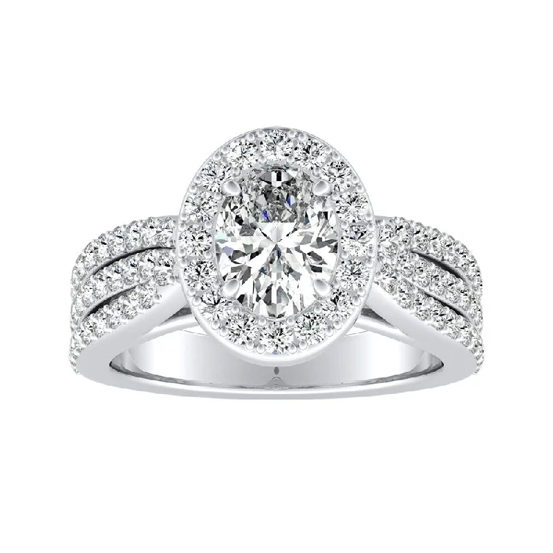 Ragged edge ring-Triple Band Oval-cut Halo Diamond Engagement Ring 1 3/4ctw 18k Gold by Auriya (I-J, I1-I2)