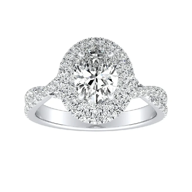 Notched edge ring-Twisted Oval Shape 1ctw Double Halo Diamond Engagement Ring 14k Gold by Auriya (I-J, I1-I2)