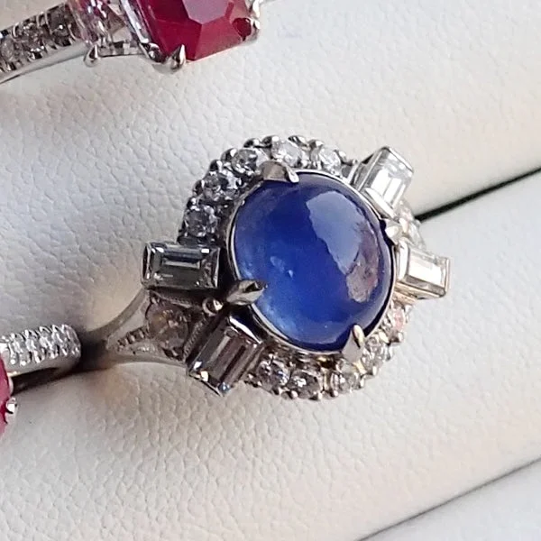 Tribal glyph ring-Vintage Cabochon Sapphire & Diamond Ring