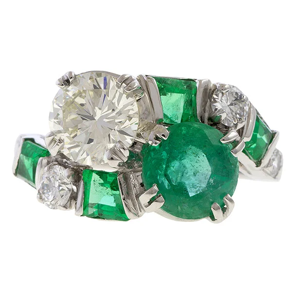 Nonagon gem ring-Vintage Emerald & Diamond Bypass Ring