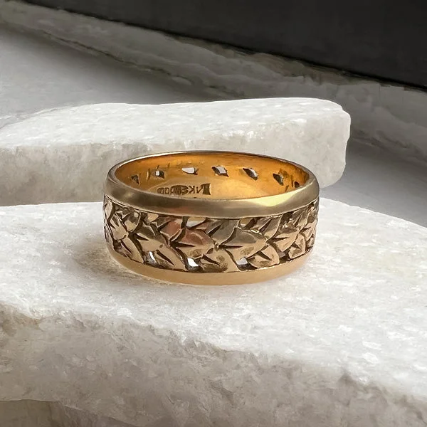 Celtic twist ring-Vintage Leaf Patterned Gold Wedding Band Ring, Size 8 1/2