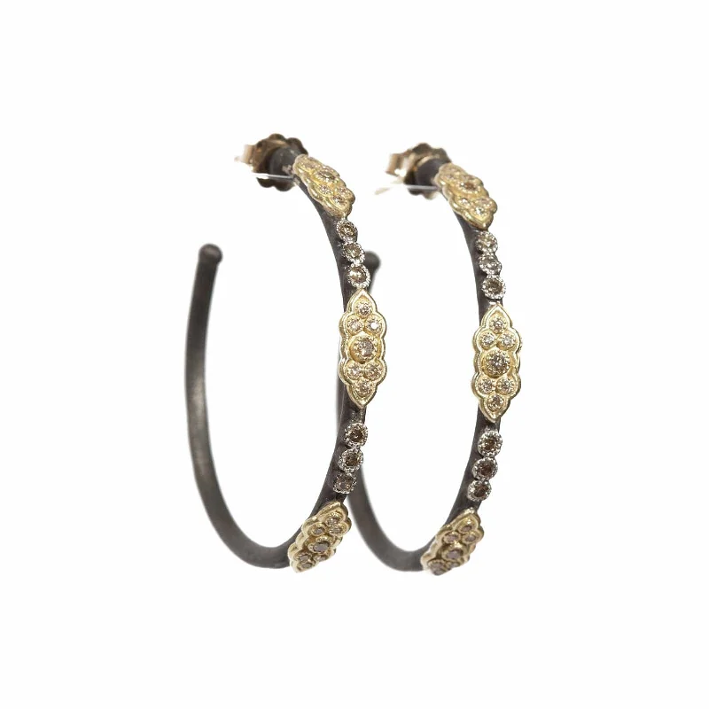 Gritty grain earrings-Old World Hoop Earrings with Champagne Diamonds