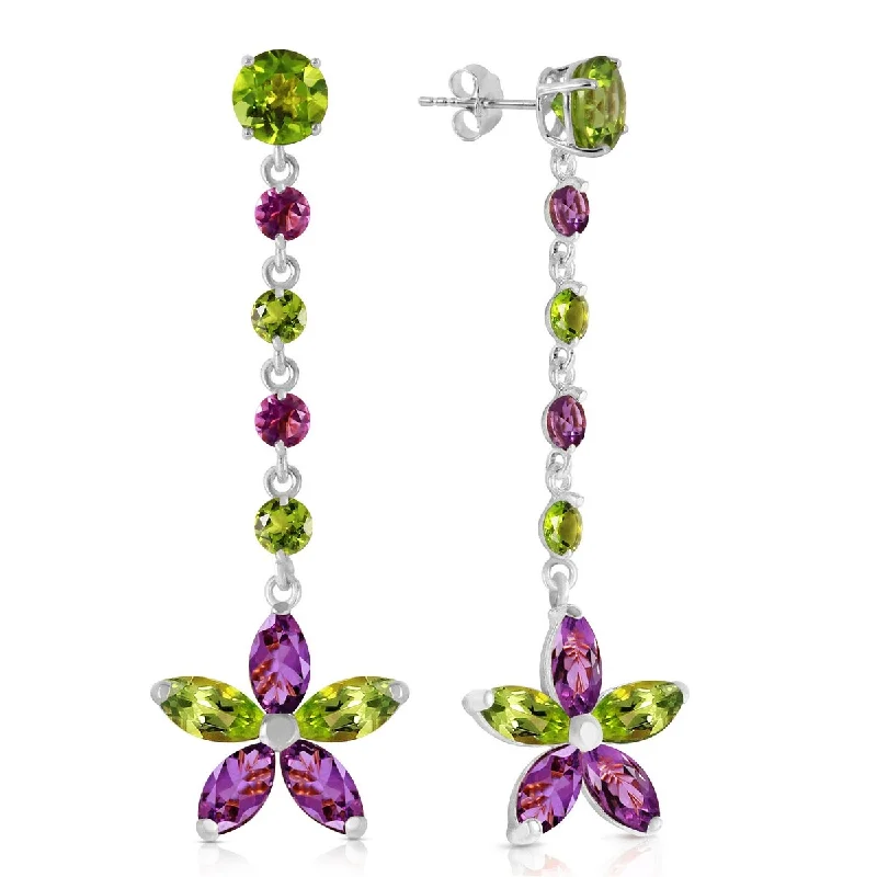 Sepia quartz earrings-14K Solid Gold Chandelier Gemstone Earrings w/ Peridot & Amethyst