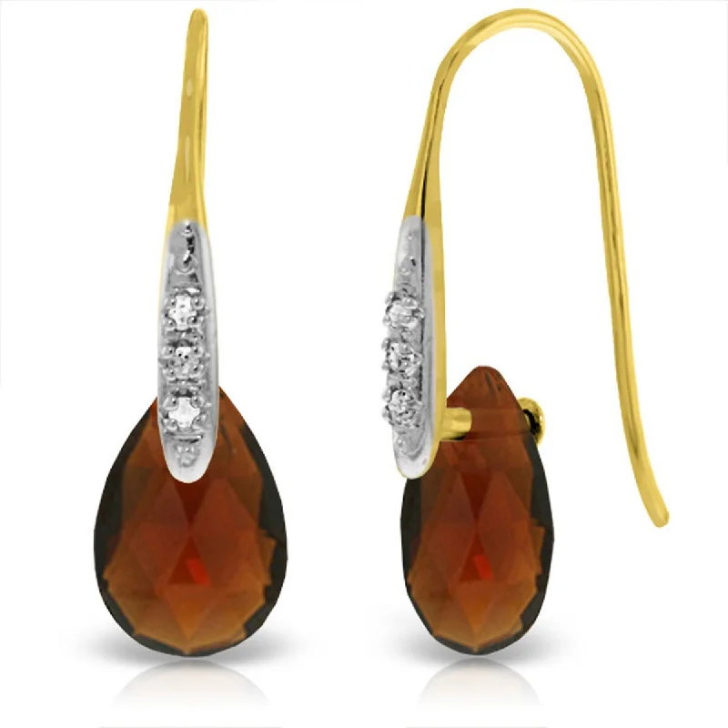 Tulip bud earrings-14K Solid Gold Fish Hook Earrings w/ Diamonds & Briolette Garnets