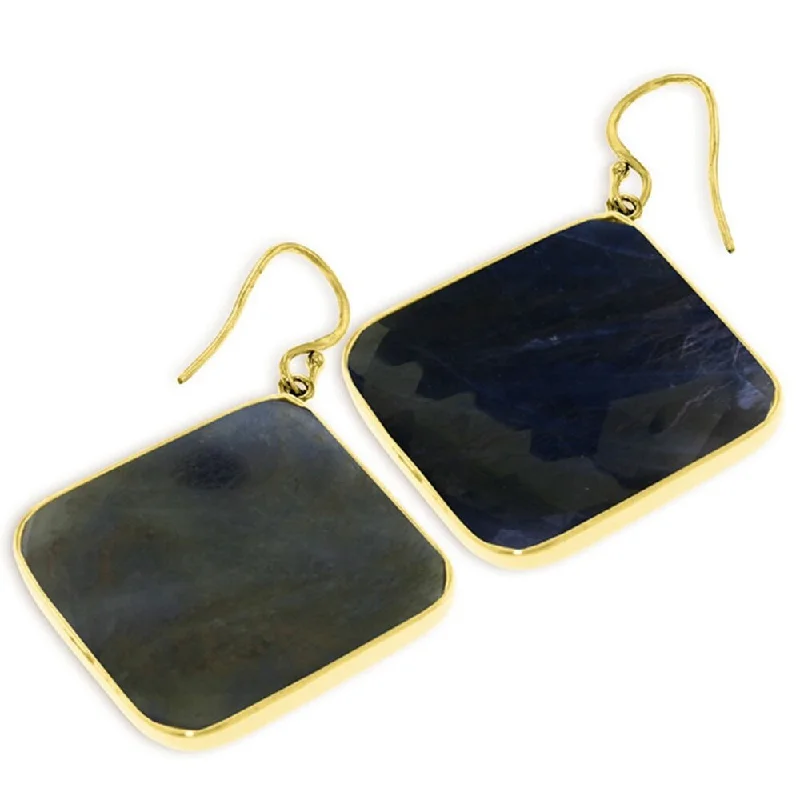 Ocean ridge earrings-14K Solid Gold Fish Hook Earrings with Checkerboard Cut Sapphires