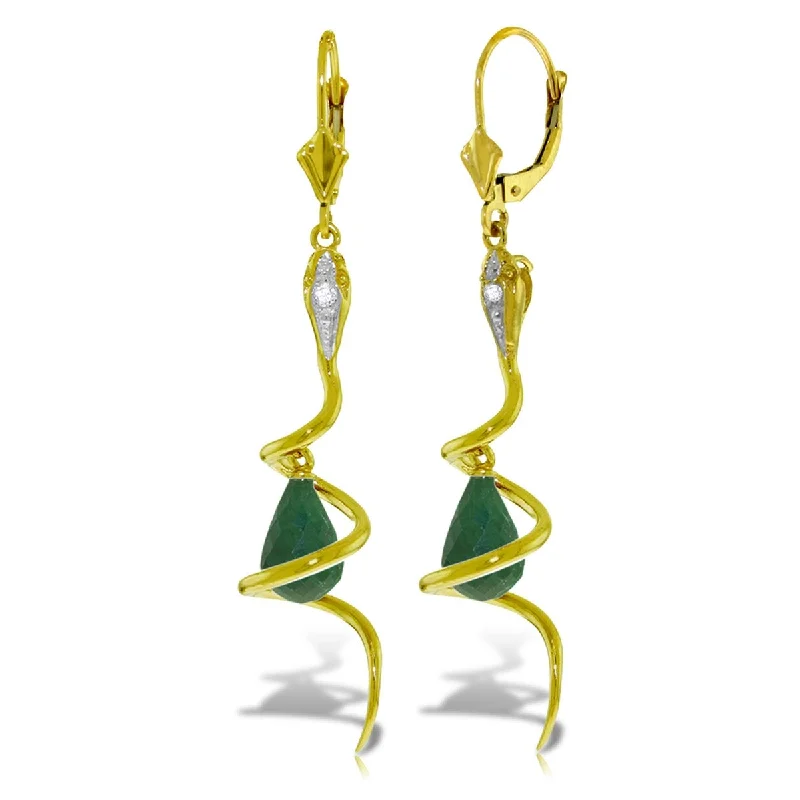 Briolette sapphire earrings-14K Solid Gold Snake Earrings w/ Green Dyed Sapphire & Diamonds