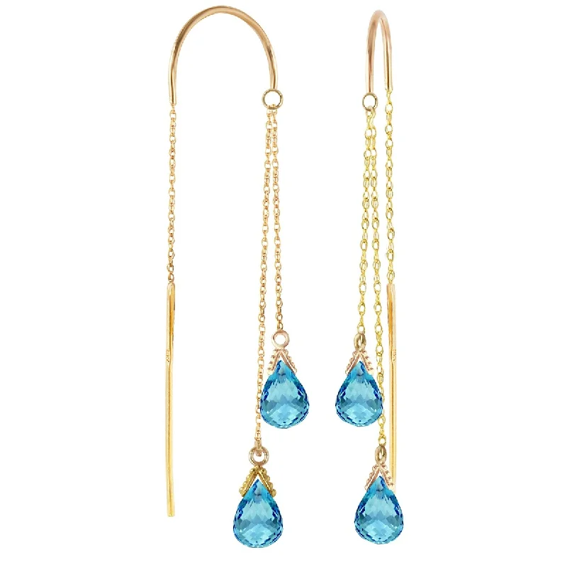 Tusk spike earrings-14K Solid Gold Threaded Dangles Gemstone Earrings Blue Topaz Jewelry