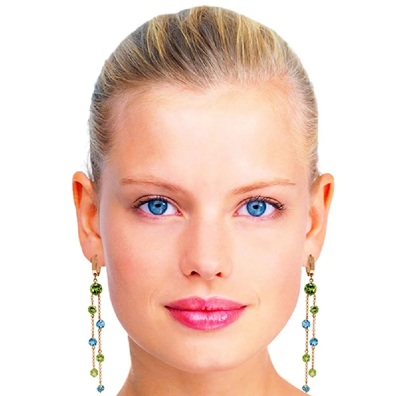 Wool braid earrings-14K Solid Rose Gold Chandelier Earrings with Peridots & Blue Topaz