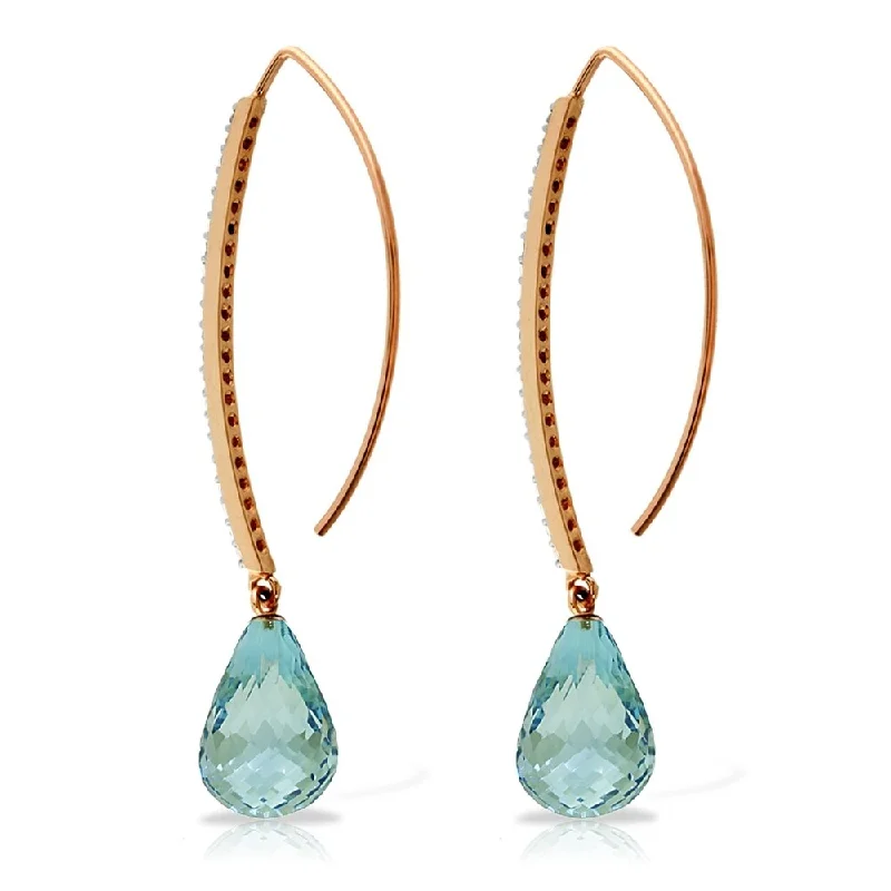 Plaid weave earrings-14K Solid Rose Gold Diamonds Fish Hook Earrings with Dangling Briolette Blue Topaz