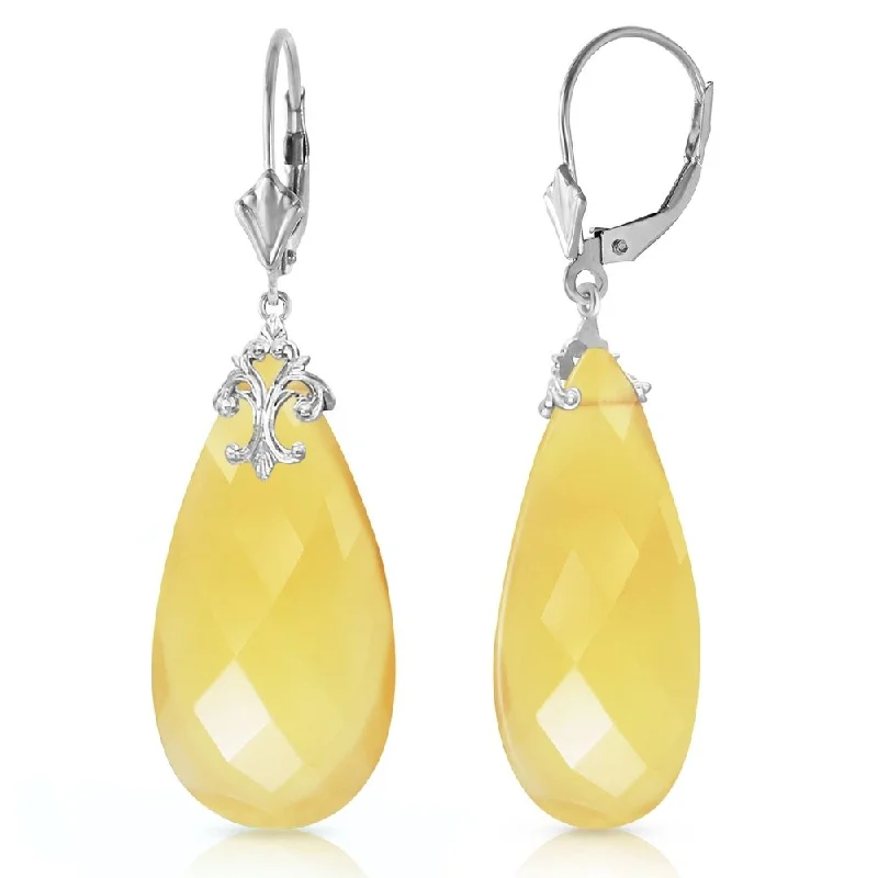 Antique twist earrings-14K Solid White Gold Leverback Earrings with Briolette 31x16 mm Yellow Onyx