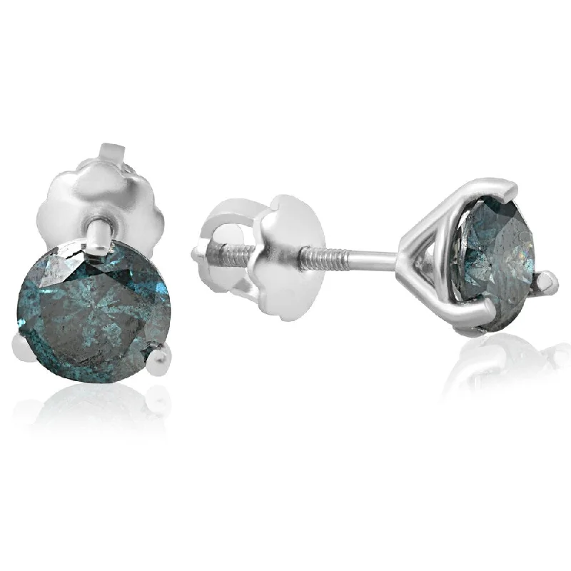 Raven black earrings-14K White Gold 1 ct TDW Martini Blue Diamond Screw Back Studs (Blue, I2-I3)